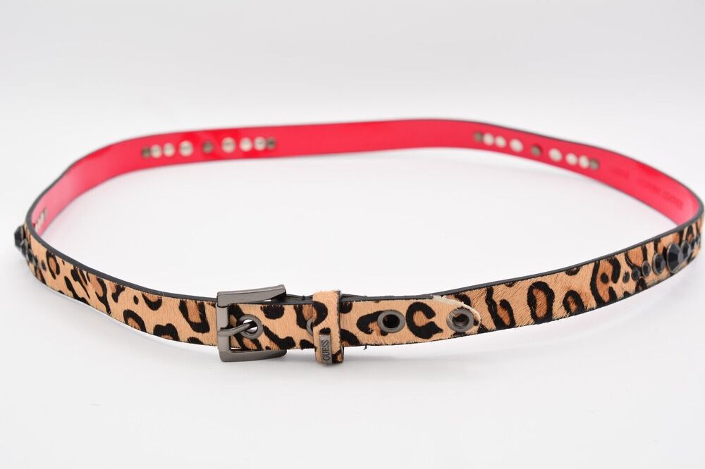 Guess L Genuine Leather Belt Leopard Fur Black Crystal Rhinestone Red